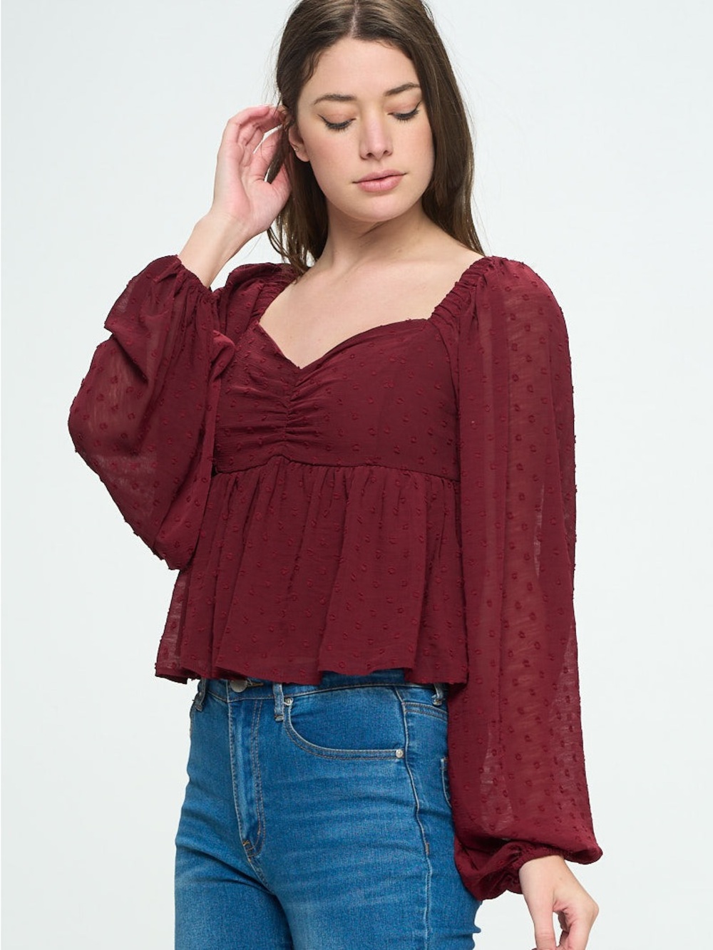 NWT She + Sky Burgundy Swiss Dot Peplum Blouse Size Medium